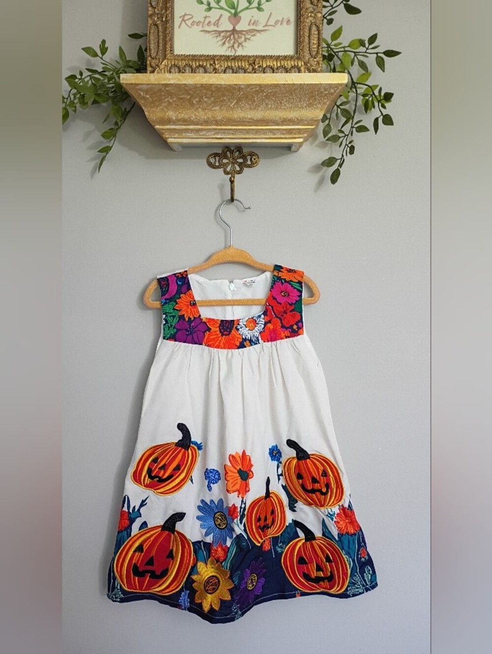 Girls' White Pumpkin Floral Halloween Costume Dress